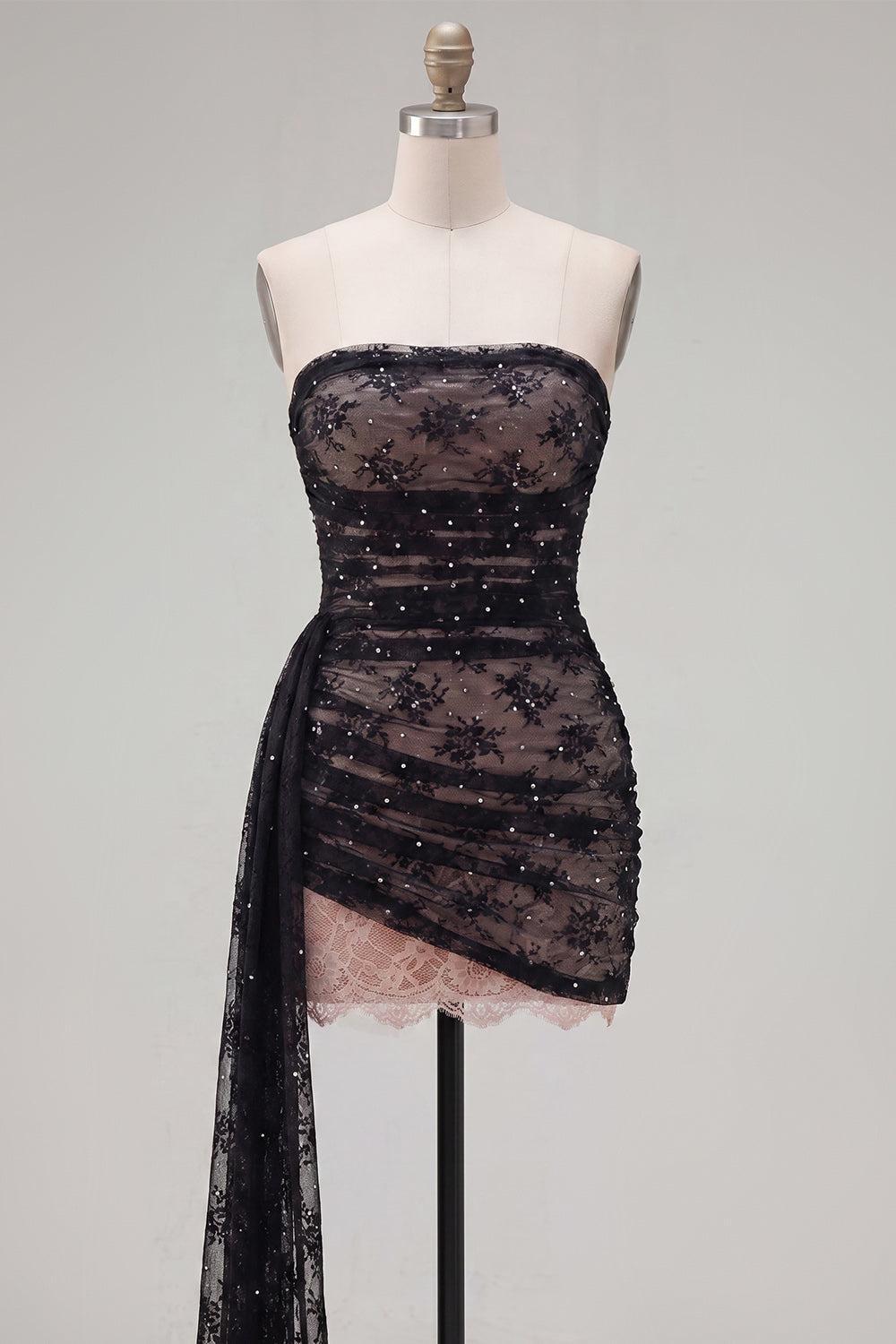 Black Tight Short Beaded Strapless Homecoming Dress with Sash