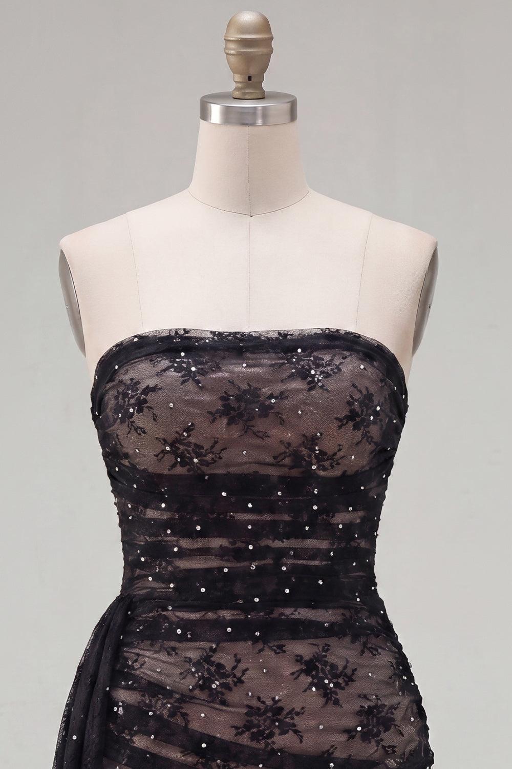 Black Tight Short Beaded Strapless Homecoming Dress with Sash