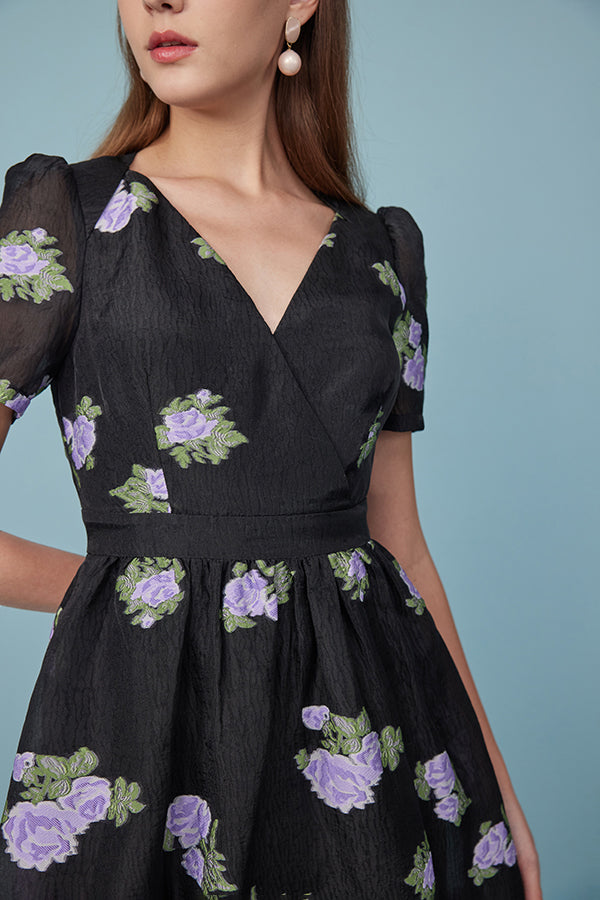 Black V Neck Embroidered Midi A Line Short Sleeve Casual Summer Dress