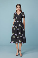 Black V Neck Embroidered Midi A Line Short Sleeve Casual Summer Dress