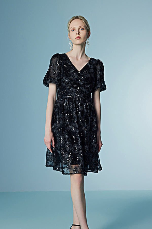 Black V Neck Short Sleeve Sequined Casual Summer Holiday Dress