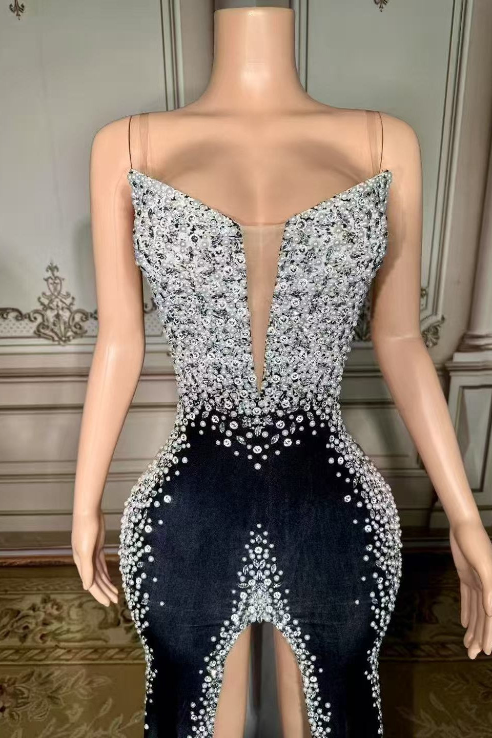 Black Velvet Formal Dress Beaded Evening Dress with Slit