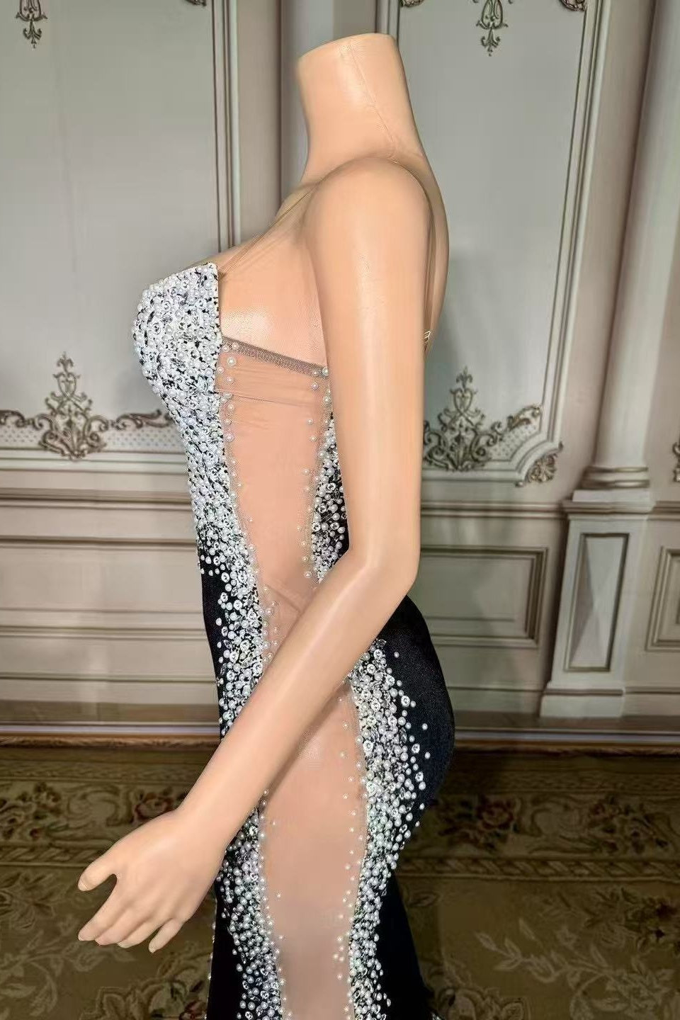 Black Velvet Formal Dress Beaded Evening Dress with Slit