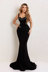 Black Velvet Formal Dress Mermaid Sweetheart Beaded Spaghetti Strap Sleeveless Evening Dress