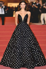 Black Wedding Guest Dress Ball Gown V-Neck Formal Dress With Polka Dots