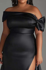 Black Wedding Guest Dress Plus Size Off The Shoulder Long Satin Formal Dress With Slit