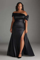 Black Wedding Guest Dress Plus Size Off The Shoulder Long Satin Formal Dress With Slit