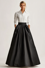 Black Wedding Guest Dress Satin A Line Long Sleeves Formal Dress With Pcokets