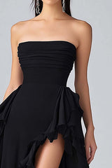 Black Wedding Guest Dress Strapless Ruffled Long Chiffon Formal Dress With Slit