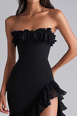Black Wedding Guest Dress Tiered Strapless Long Chiffon Formal Dress With Slit