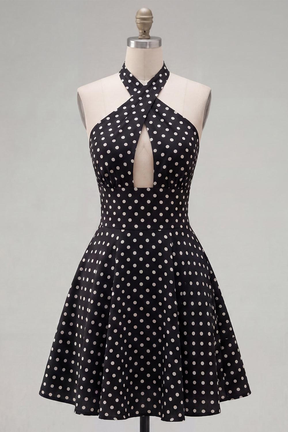 Black White Dot A Line Halter Keyhole Short Homecoming Dress