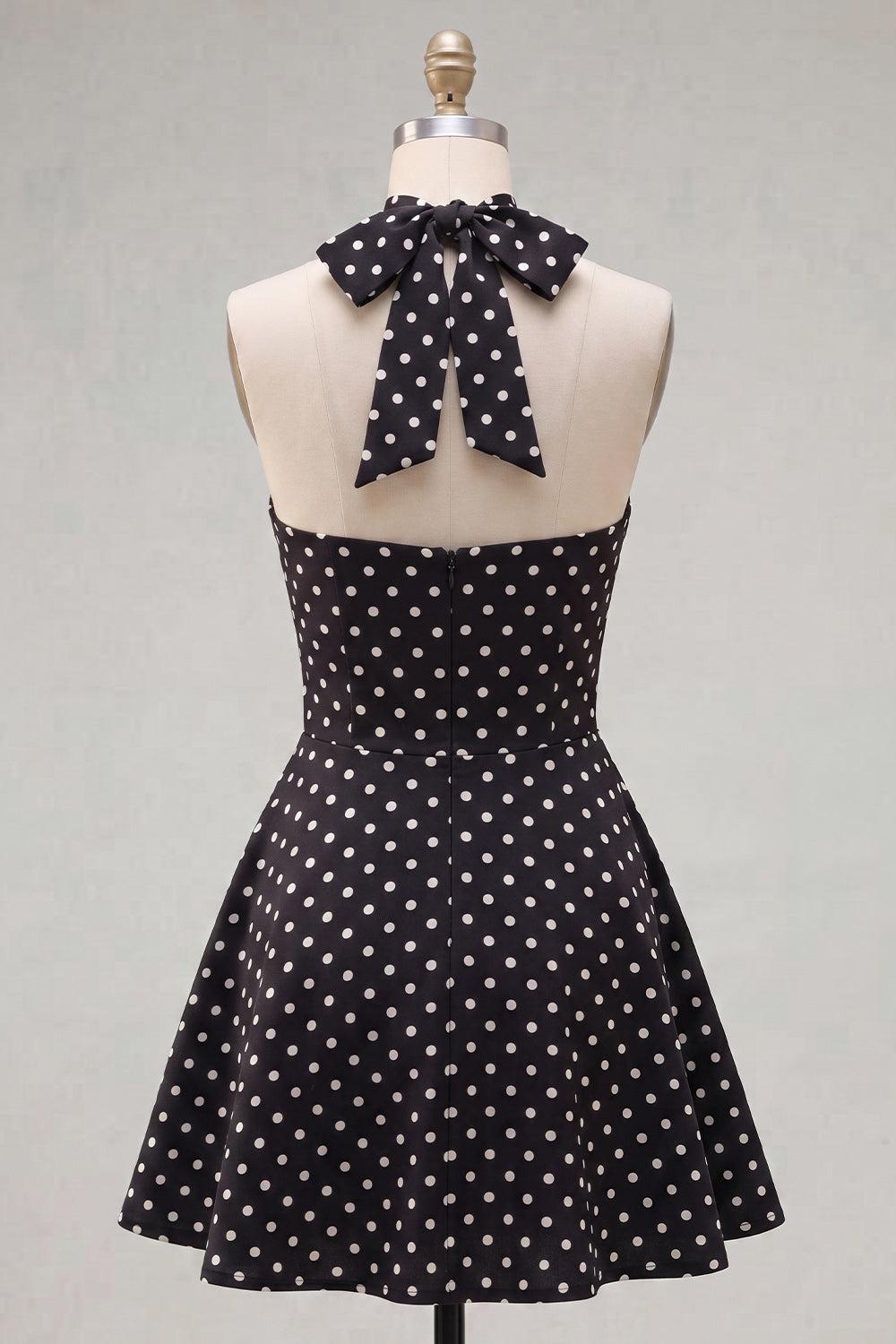 Black White Dot A Line Halter Keyhole Short Homecoming Dress