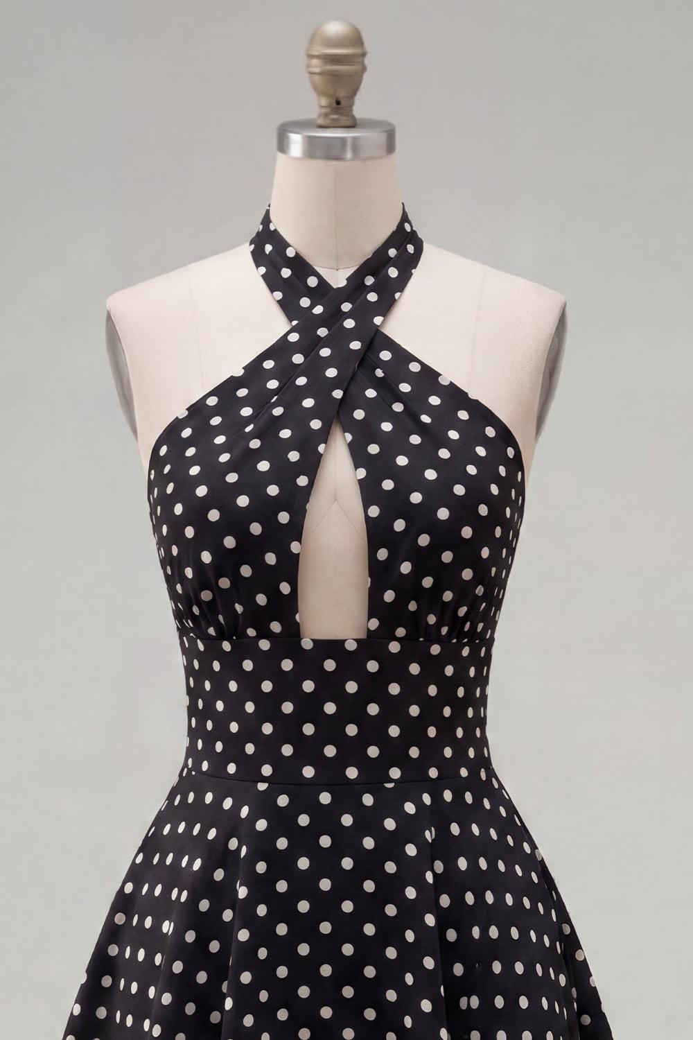 Black White Dot A Line Halter Keyhole Short Homecoming Dress