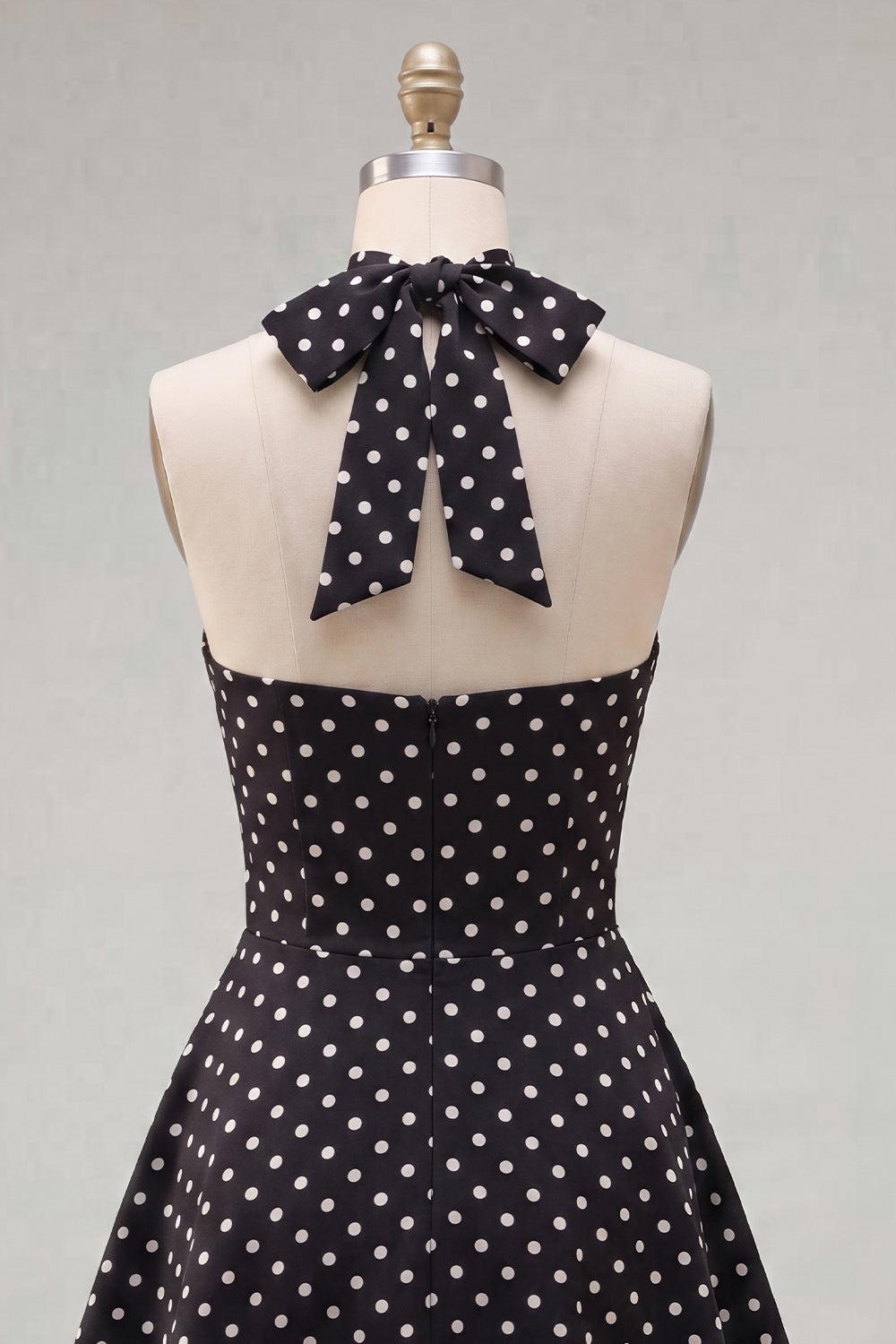 Black White Dot A Line Halter Keyhole Short Homecoming Dress