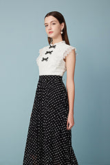 Black White Lace Polka Dots Midi Casual Holiday Dress