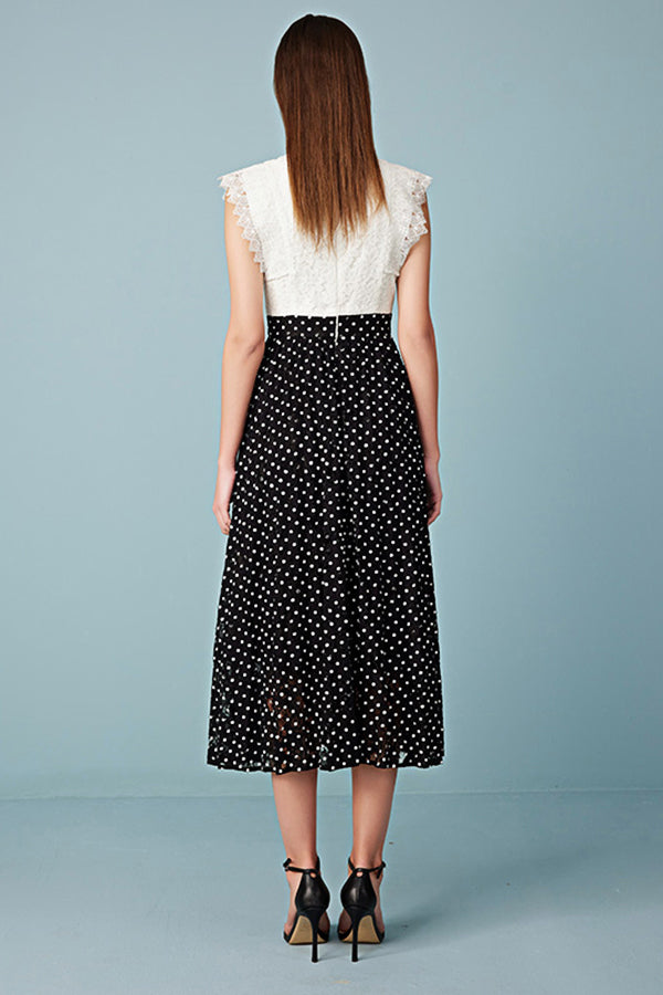 Black White Lace Polka Dots Midi Casual Holiday Dress