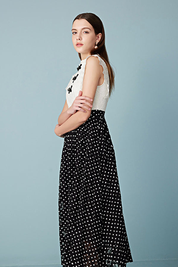 Black White Lace Polka Dots Midi Casual Holiday Dress