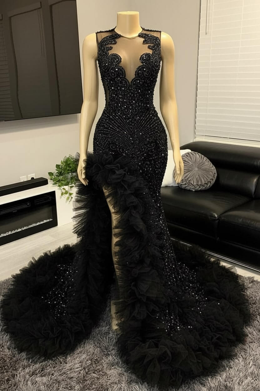 Mermaid Beaded Prom Dress Tulle Ruffles Sequined Formal Dress