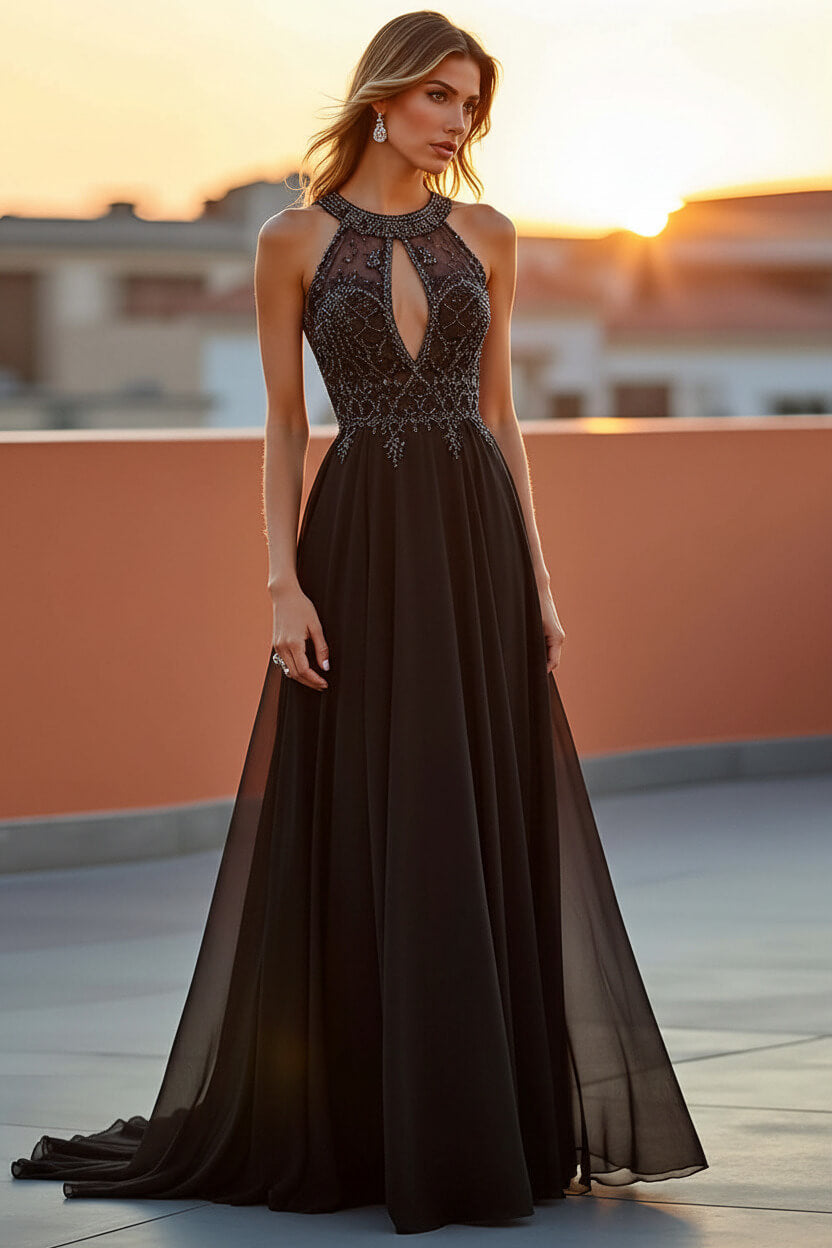 Dreamyannie Beaded Navy Wedding Guest Dress Halter Long Formal Dress With Embroideries