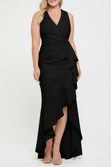 V Neck Sleeveless Plus Size Long Sheath Column Mother of the Bride Dresses with Ruffles