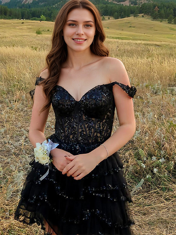 Off the Shoulder Sequin Ruffle Short Homecoming Dress