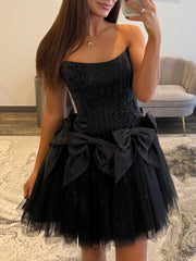 Strapless Beading Short Homecoming Dress with Waist Bow
