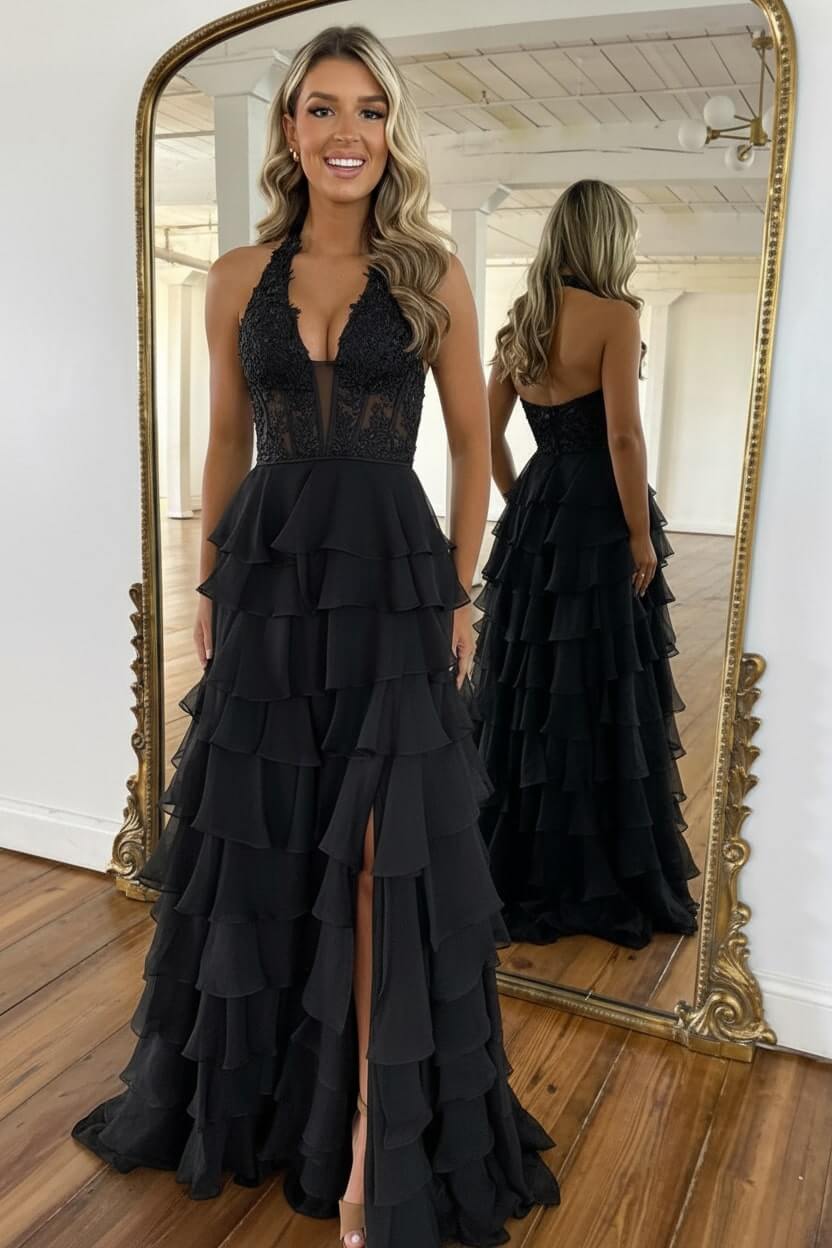 Dreamyannie Sky Blue Prom Dress Ruffled Halter Corset Formal Dress With Slit