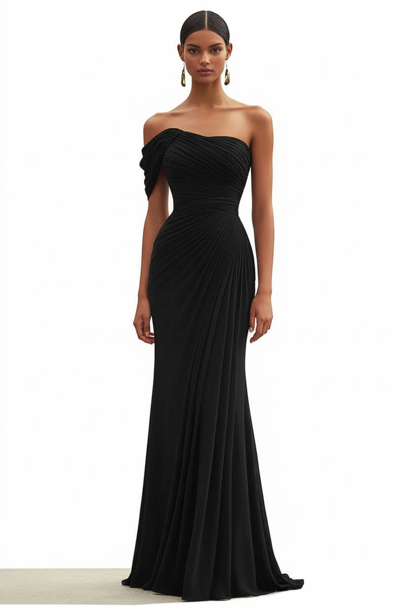 Dreamyannie One Shoulder Ruched Mermaid Dark Green Wedding Guest Dress Long Formal Dress