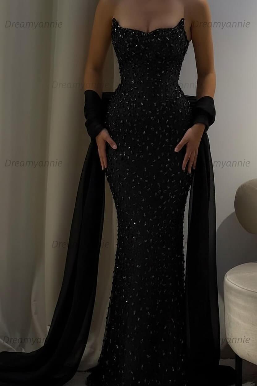 Pink Mermaid Prom Dress Strapless Beaded Formal Dress