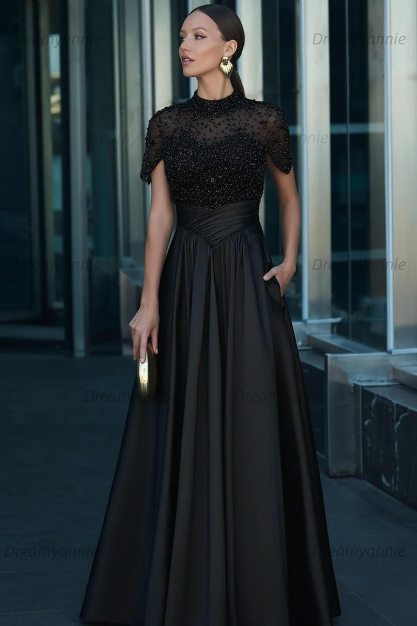 Green A Line Prom Dress Short Sleeve High Neck Beaded Formal Dress