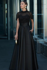 Green A Line Prom Dress Short Sleeve High Neck Beaded Formal Dress