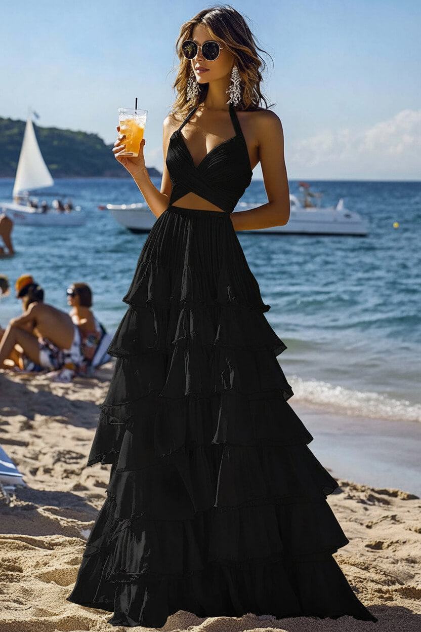 Dreamyannie Halter Tiered White 2 Piece Ruffled Formal Dress