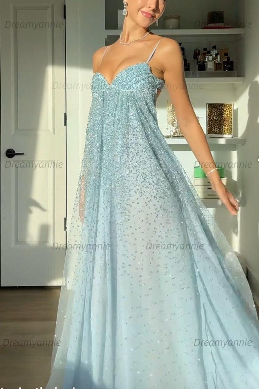 Bling A Line Spaghetti Straps Grey Blue Long Party Dress With Beading Formal Evening Gown