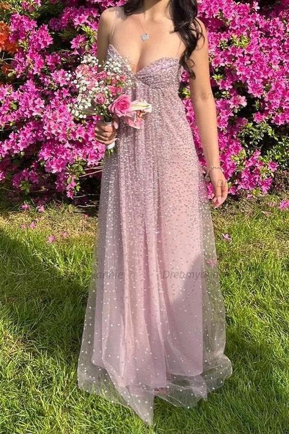 Bling A Line Spaghetti Straps Grey Blue Long Party Dress With Beading Formal Evening Gown