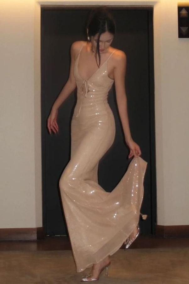 Bling Mermaid Spaghetti Straps Light Champagne Sequined Long Prom Dress Formal Evening Gown
