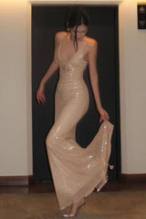 Bling Mermaid Spaghetti Straps Light Champagne Sequined Long Prom Dress Formal Evening Gown