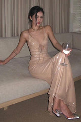 Bling Mermaid Spaghetti Straps Light Champagne Sequined Long Prom Dress Formal Evening Gown