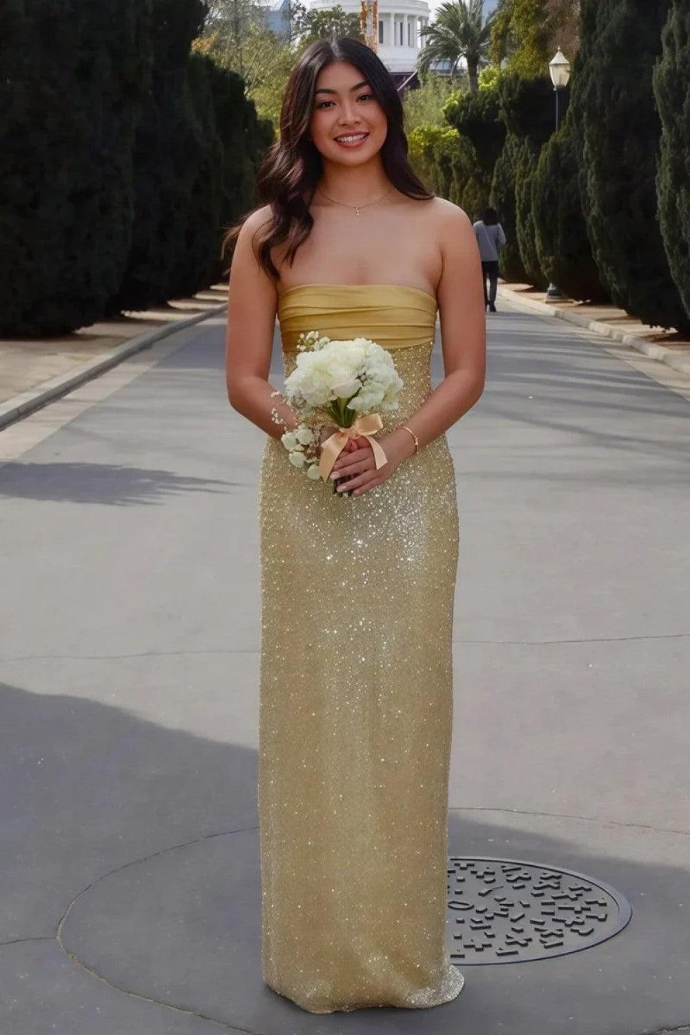 Bling Sheath Strapless Lilac Long Prom Dress With Pearls Slit Formal Evening Gown