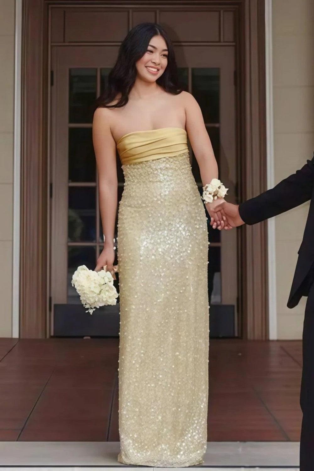 Bling Sheath Strapless Lilac Long Prom Dress With Pearls Slit Formal Evening Gown