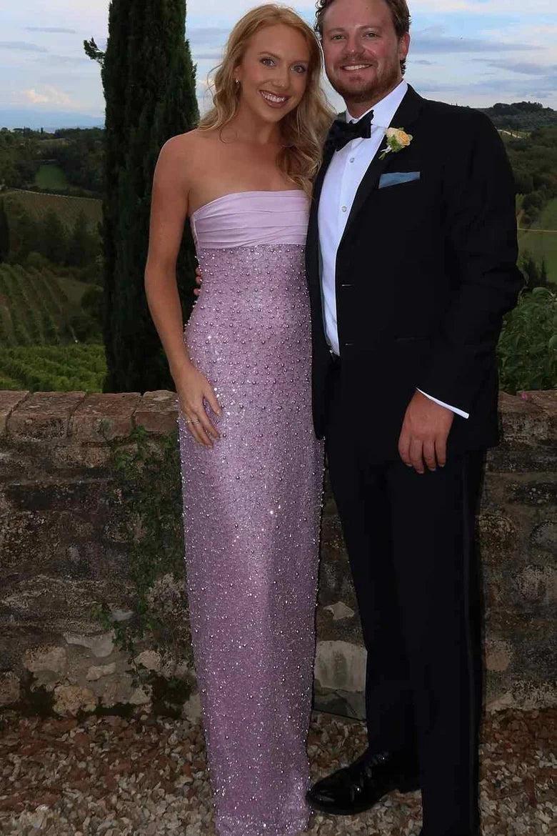 Bling Sheath Strapless Lilac Long Prom Dress With Pearls Slit Formal Evening Gown