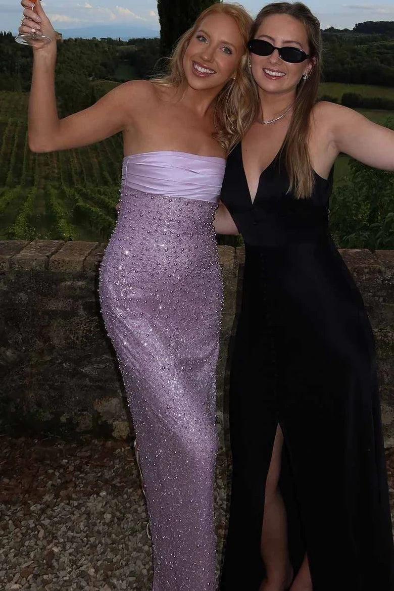 Bling Sheath Strapless Lilac Long Prom Dress With Pearls Slit Formal Evening Gown
