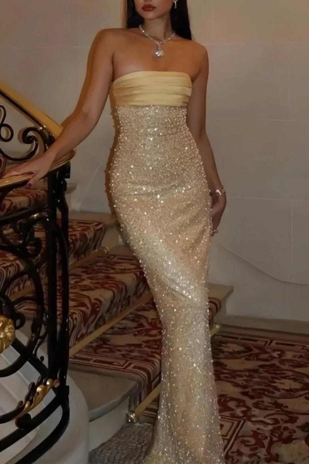 Bling Sheath Strapless Lilac Long Prom Dress With Pearls Slit Formal Evening Gown