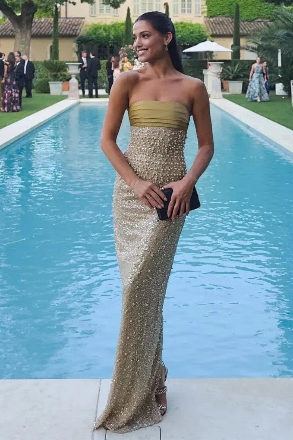 Bling Sheath Strapless Lilac Long Prom Dress With Pearls Slit Formal Evening Gown