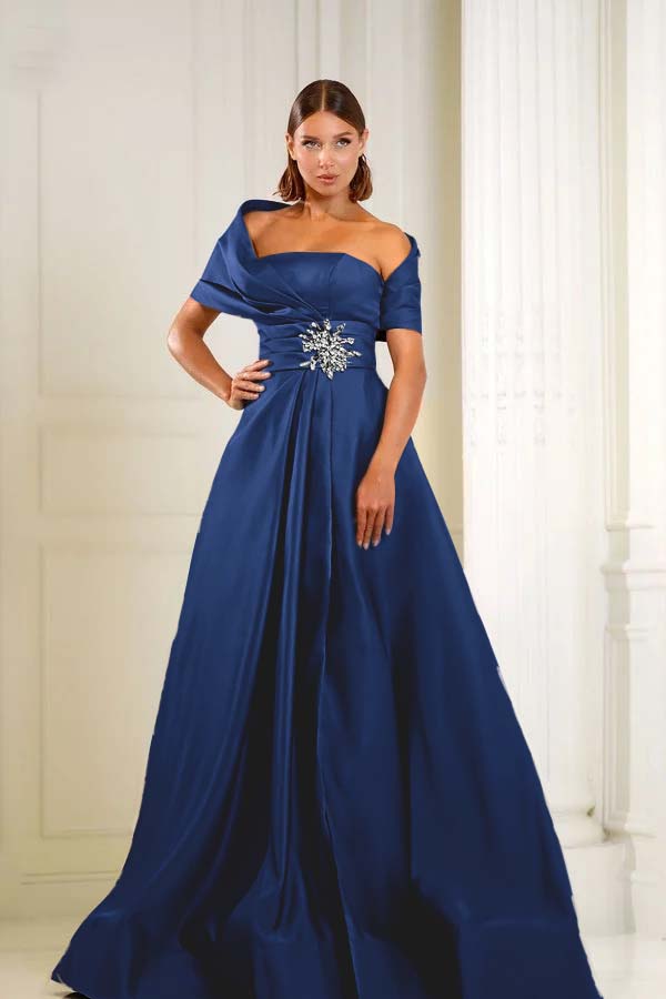 Blue A Line Prom Dress Asymmetric Neck Beaded Formal Dress