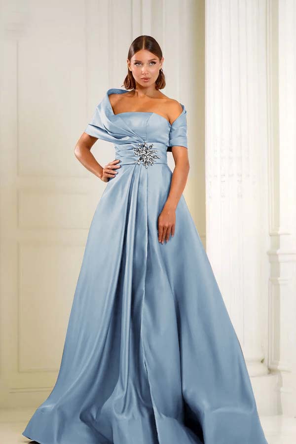 Blue A Line Prom Dress Asymmetric Neck Beaded Formal Dress