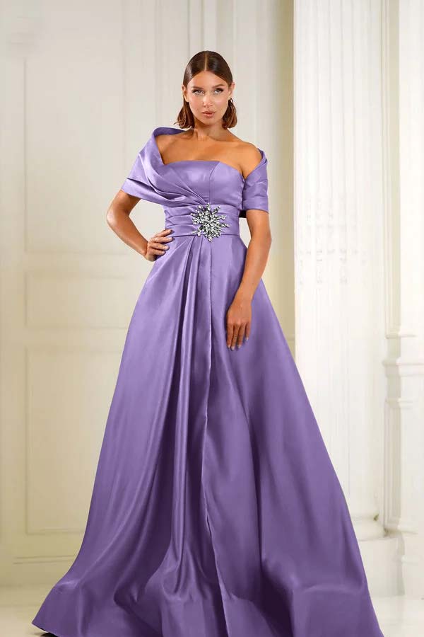 Blue A Line Prom Dress Asymmetric Neck Beaded Formal Dress
