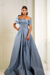 Blue A Line Prom Dress Asymmetric Neck Beaded Formal Dress