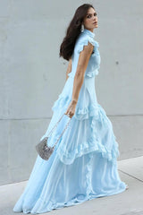 Blue A Line Prom Dress High Neck Ruffled Formal Dress