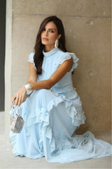 Blue A Line Prom Dress High Neck Ruffled Formal Dress