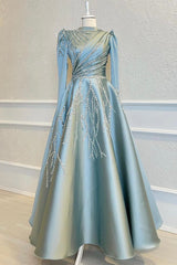 Blue A Line Prom Dress Long Sleeve High Neck Beaded Formal Dress